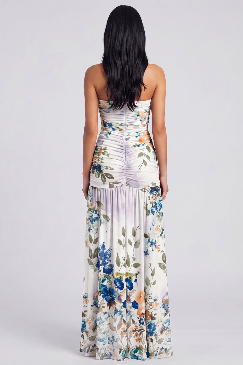 Champagne Floral Strapless A Line Long Wedding Guest Dress with Slit