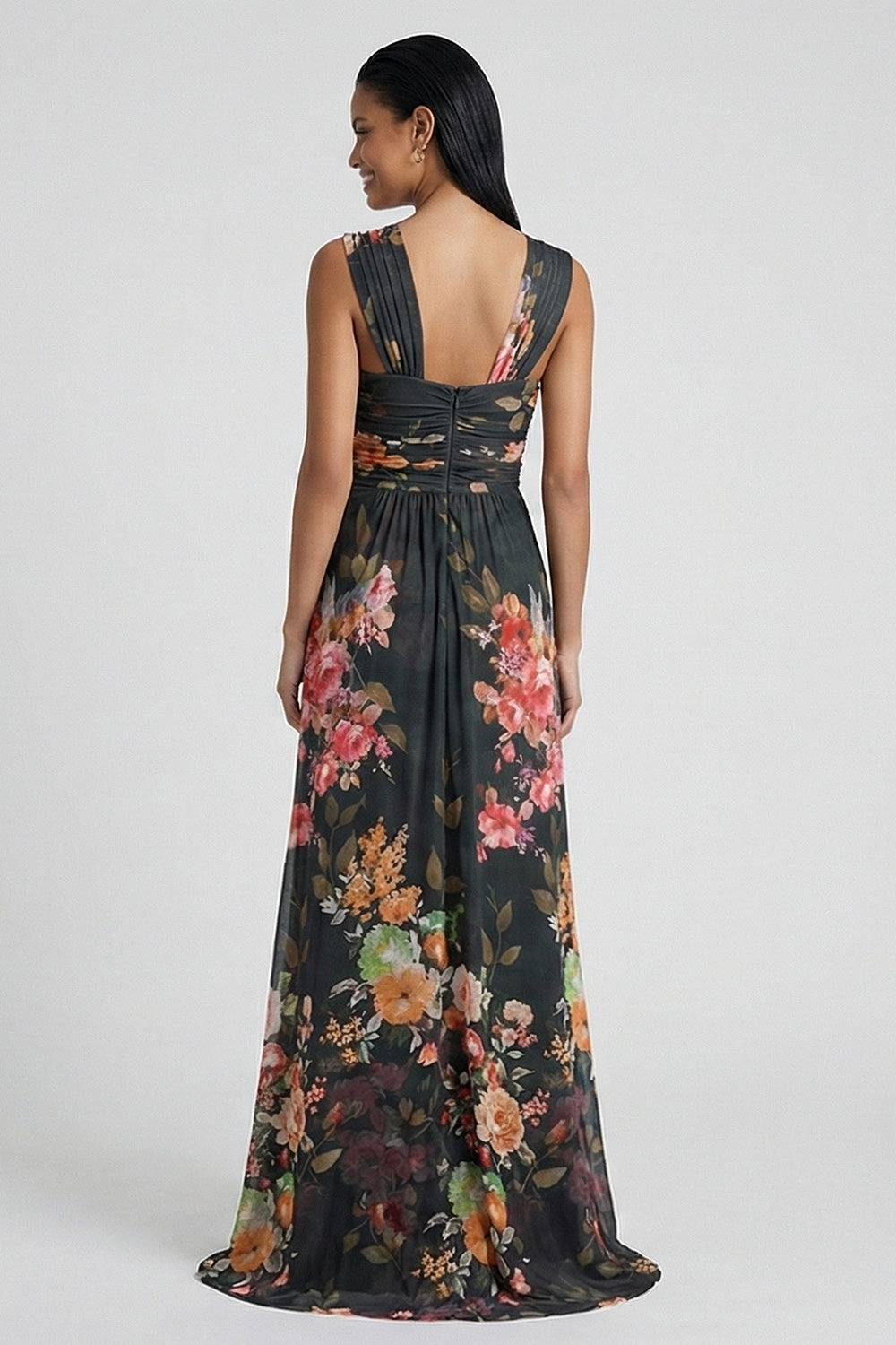 Black Floral Mermaid Thick Strap Long Wedding Guest Dress with Slit