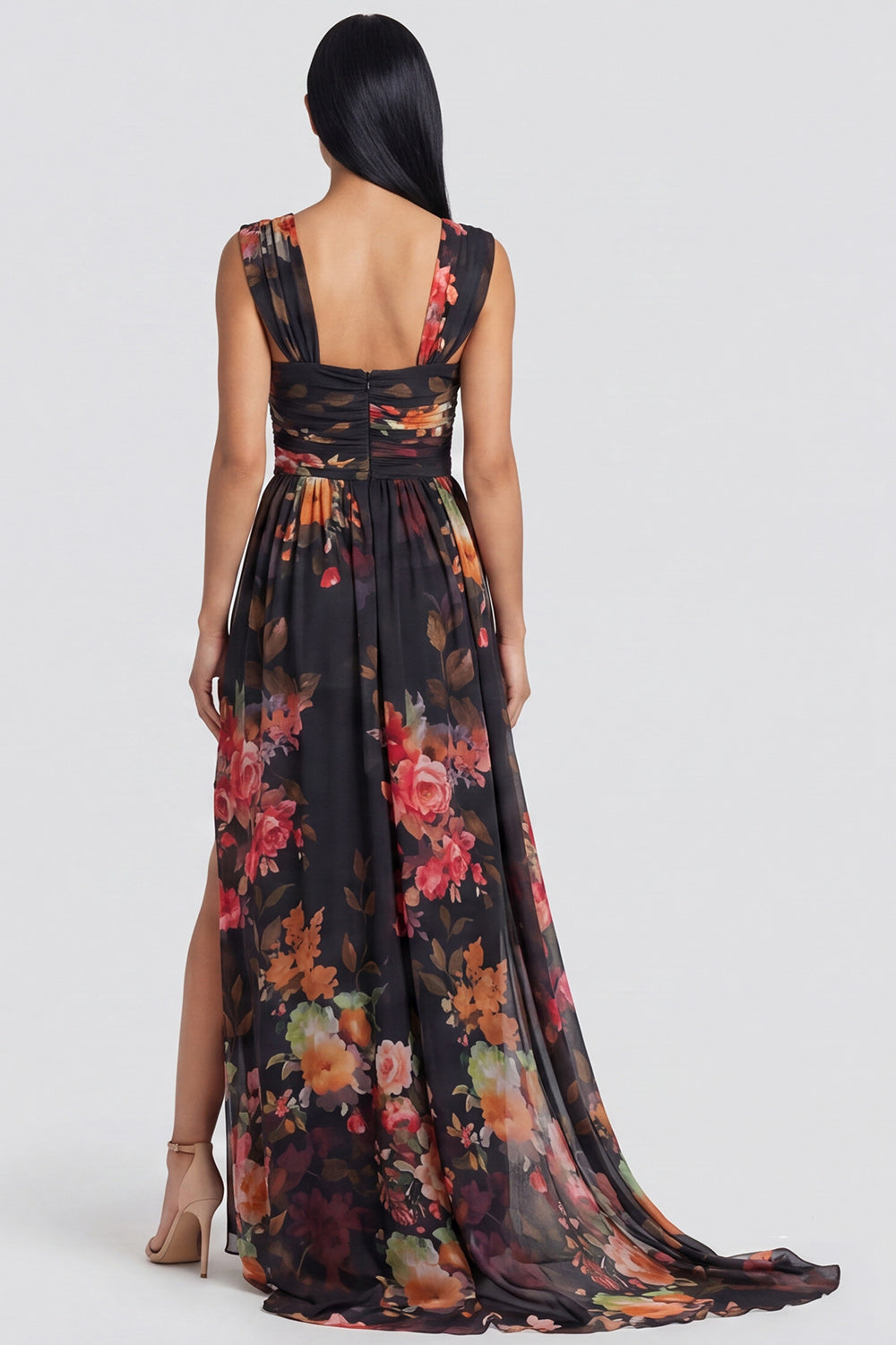 Black Floral Ruched Square Neck A Line Long Wedding Guest Dress with Slit