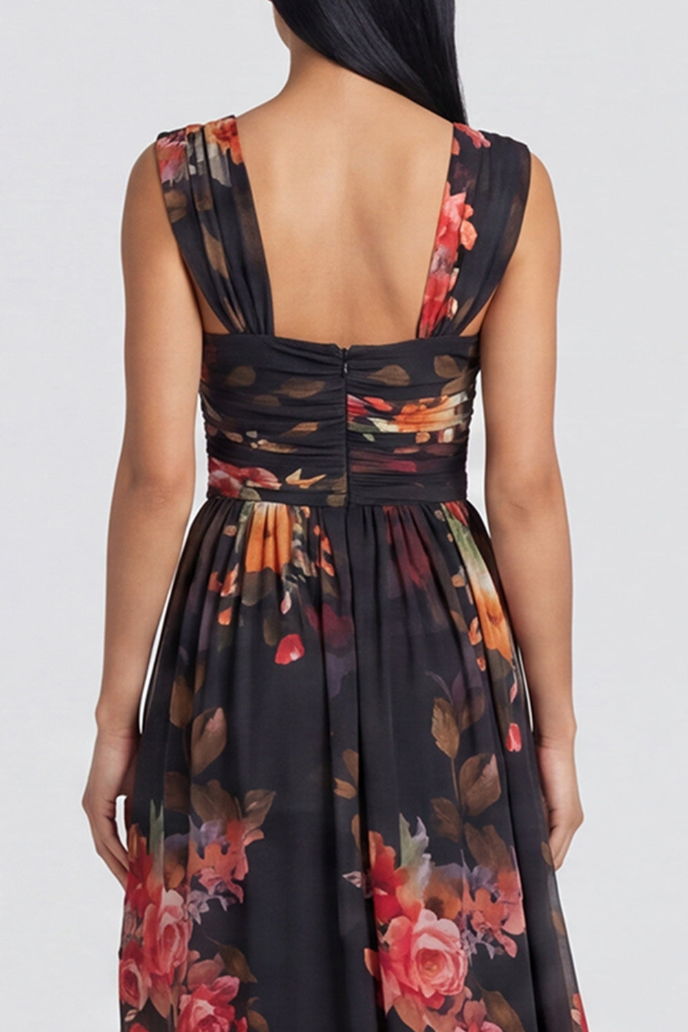 Black Floral Ruched Square Neck A Line Long Wedding Guest Dress with Slit