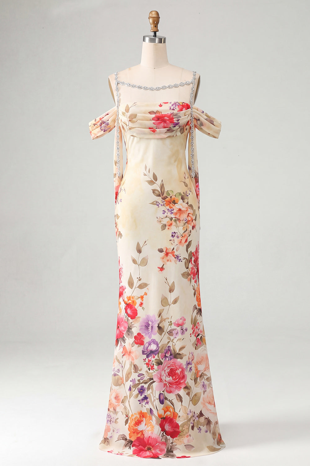 Champagne Off the Shoulder Floral Ruched Long Mermaid Wedding Guest Dress