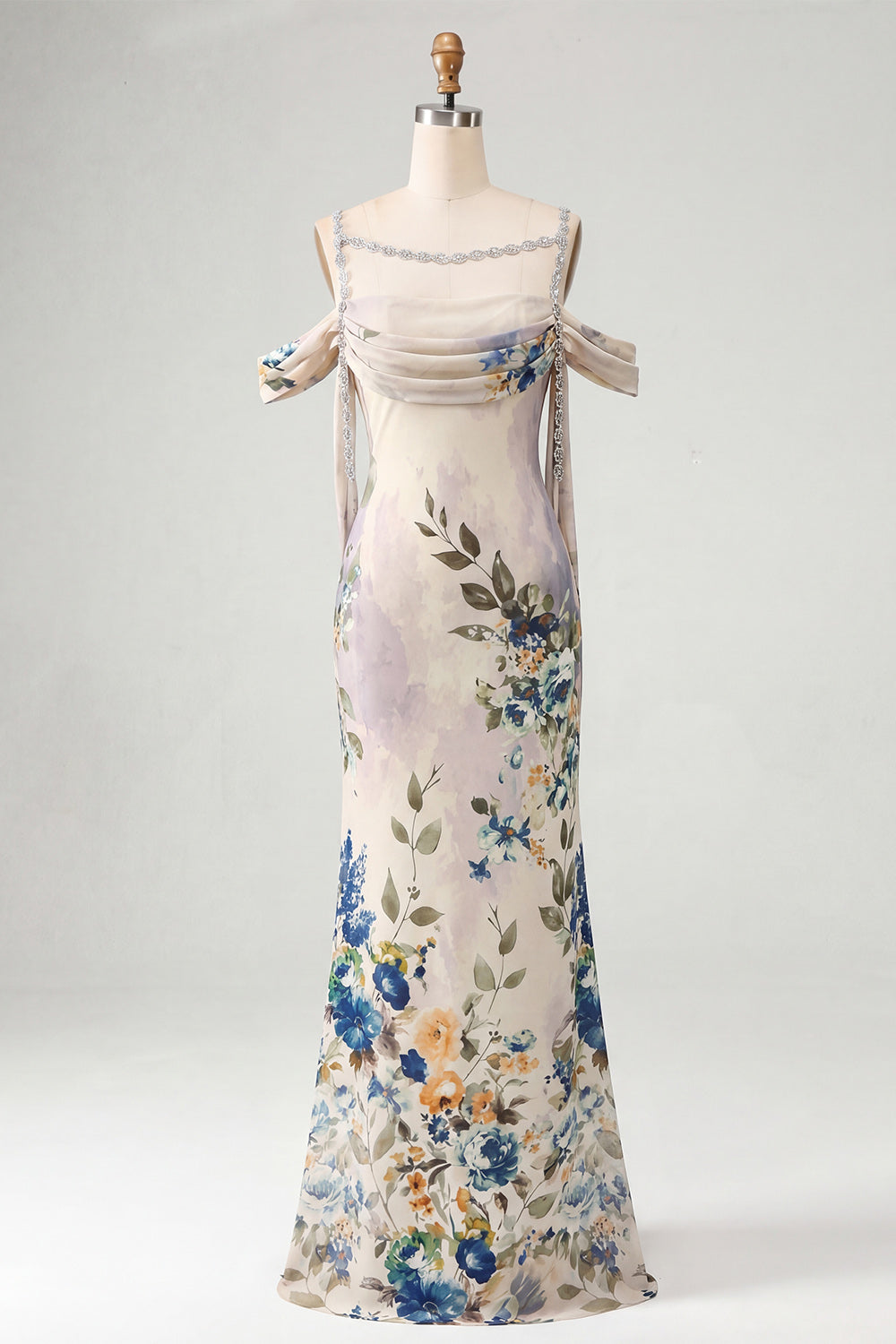 Champagne Off the Shoulder Floral Ruched Long Mermaid Wedding Guest Dress