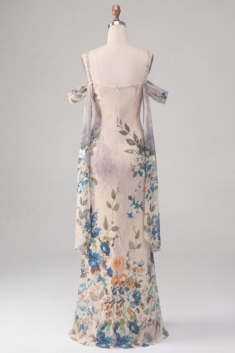 Champagne Off the Shoulder Floral Ruched Long Mermaid Wedding Guest Dress