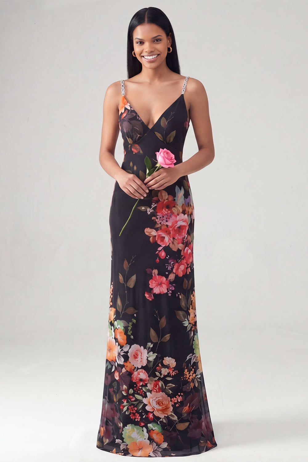 Black Floral V-Neck Long Sheath Wedding Guest Dress with Beading