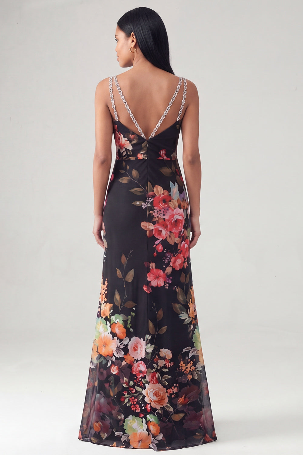 Black Floral V-Neck Long Sheath Wedding Guest Dress with Beading