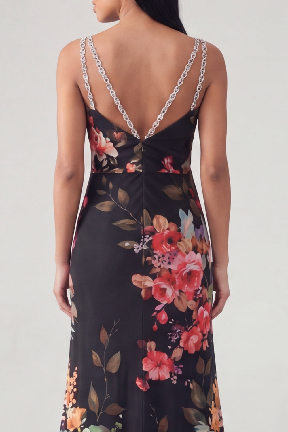 Black Floral V-Neck Long Sheath Wedding Guest Dress with Beading