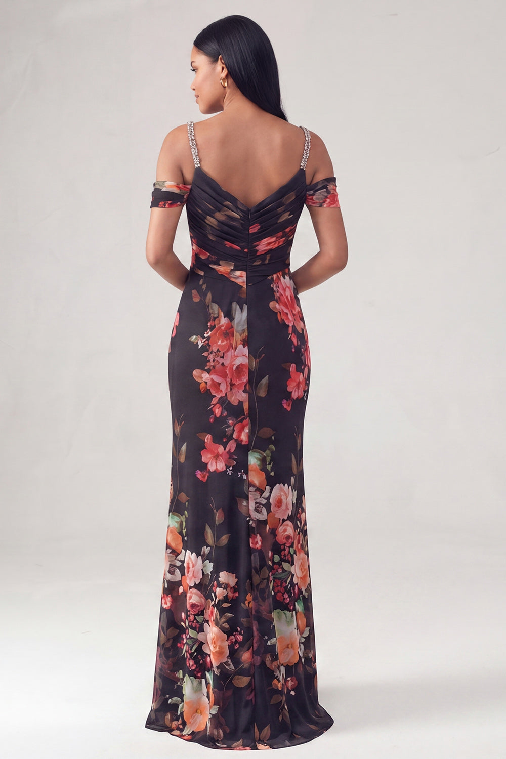 Black Floral Cold Shoulder Ruched Long Sheath Wedding Guest Dress with Beading