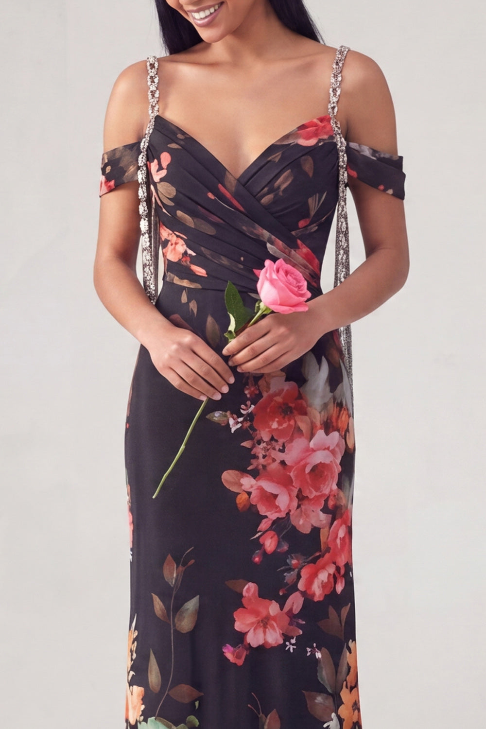 Black Floral Cold Shoulder Ruched Long Sheath Wedding Guest Dress with Beading