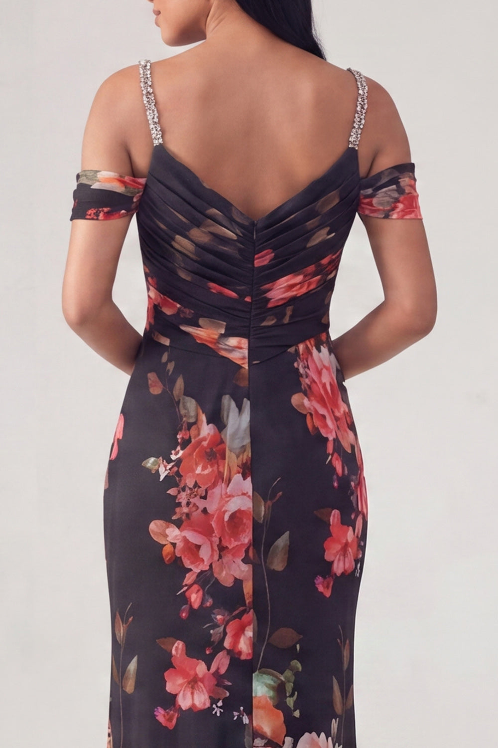 Black Floral Cold Shoulder Ruched Long Sheath Wedding Guest Dress with Beading