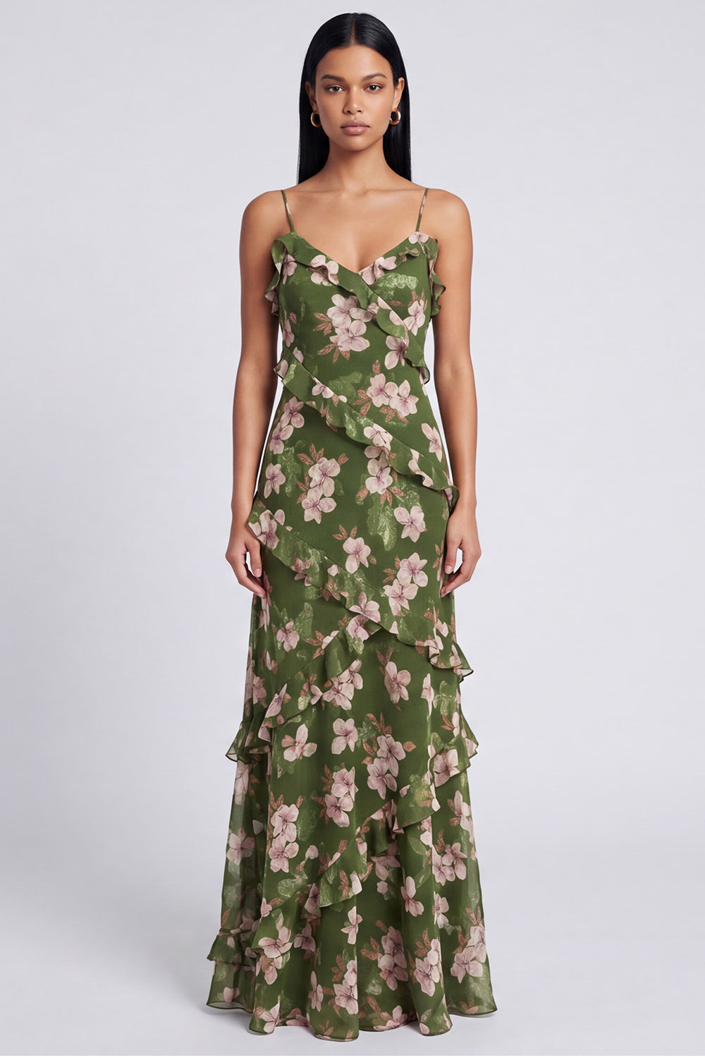 Dark Green Spaghetti Straps Floral Ruffled A Line Long Wedding Guest Dress