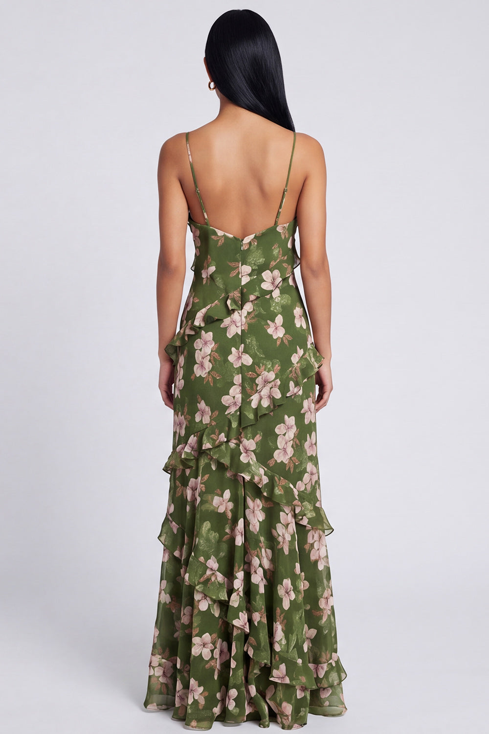 Dark Green Spaghetti Straps Floral Ruffled A Line Long Wedding Guest Dress