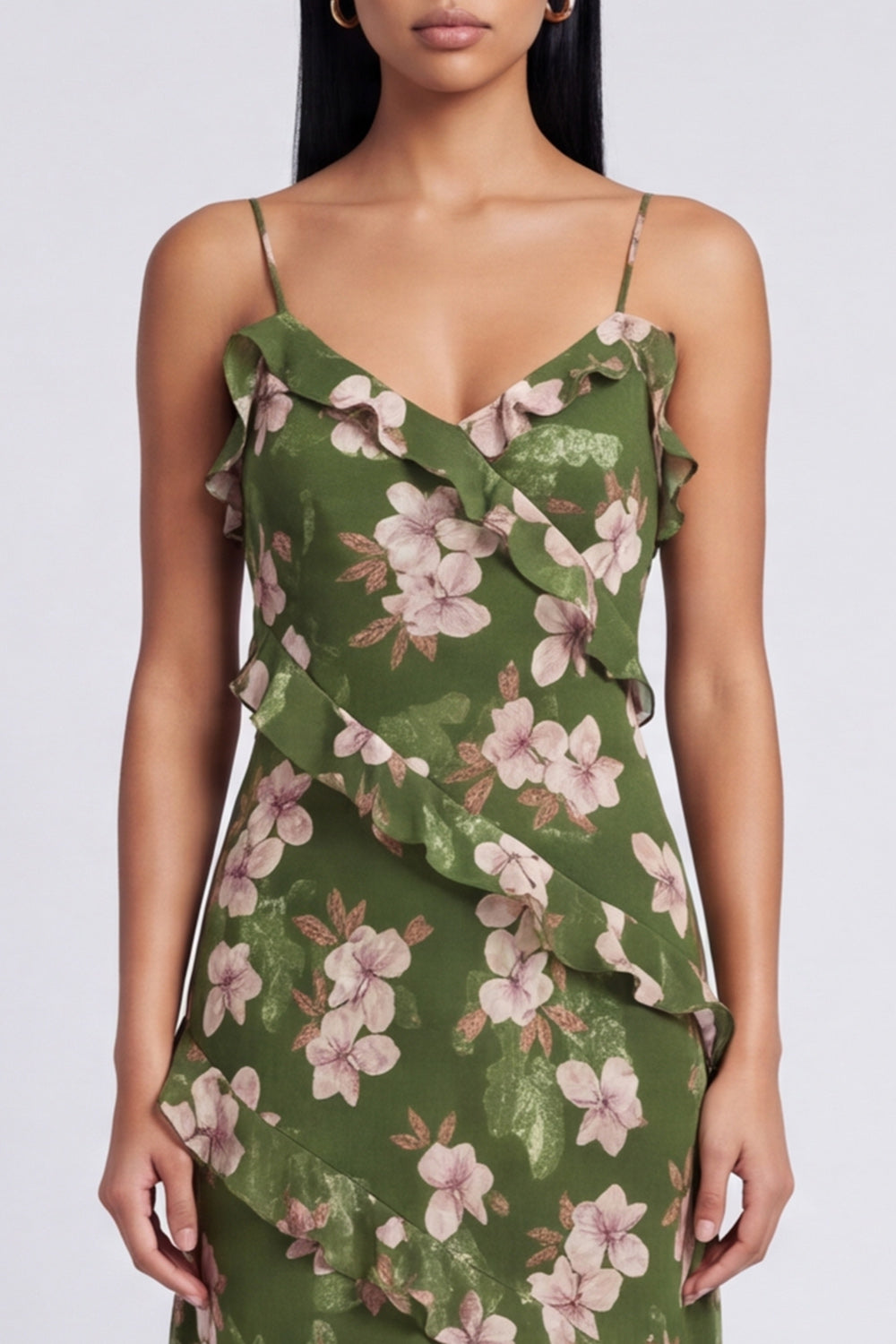 Dark Green Spaghetti Straps Floral Ruffled A Line Long Wedding Guest Dress