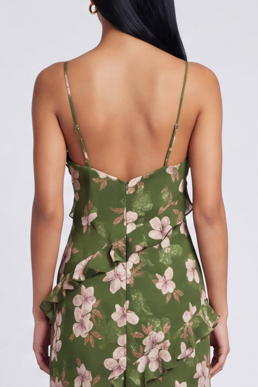 Dark Green Spaghetti Straps Floral Ruffled A Line Long Wedding Guest Dress
