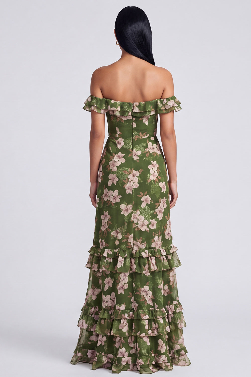 Dark Green Off the Shoulder Floral Ruffled Long A Line Wedding Guest Dress with Slit