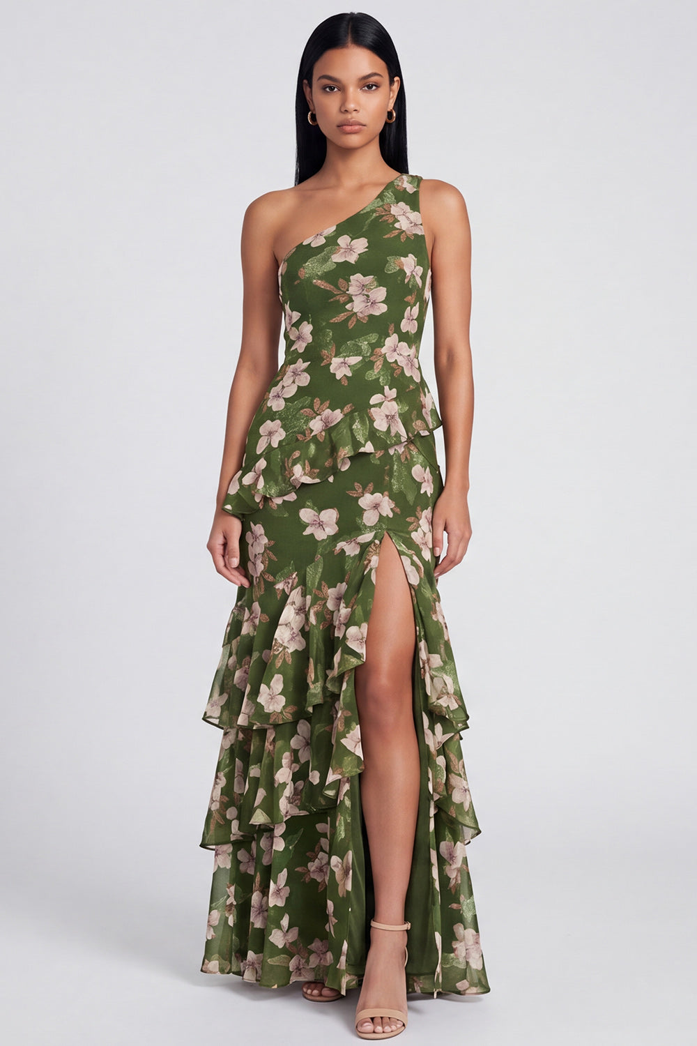 Dark Green Floral One Shoulder Tiered A Line Long Wedding Guest Dress with Slit