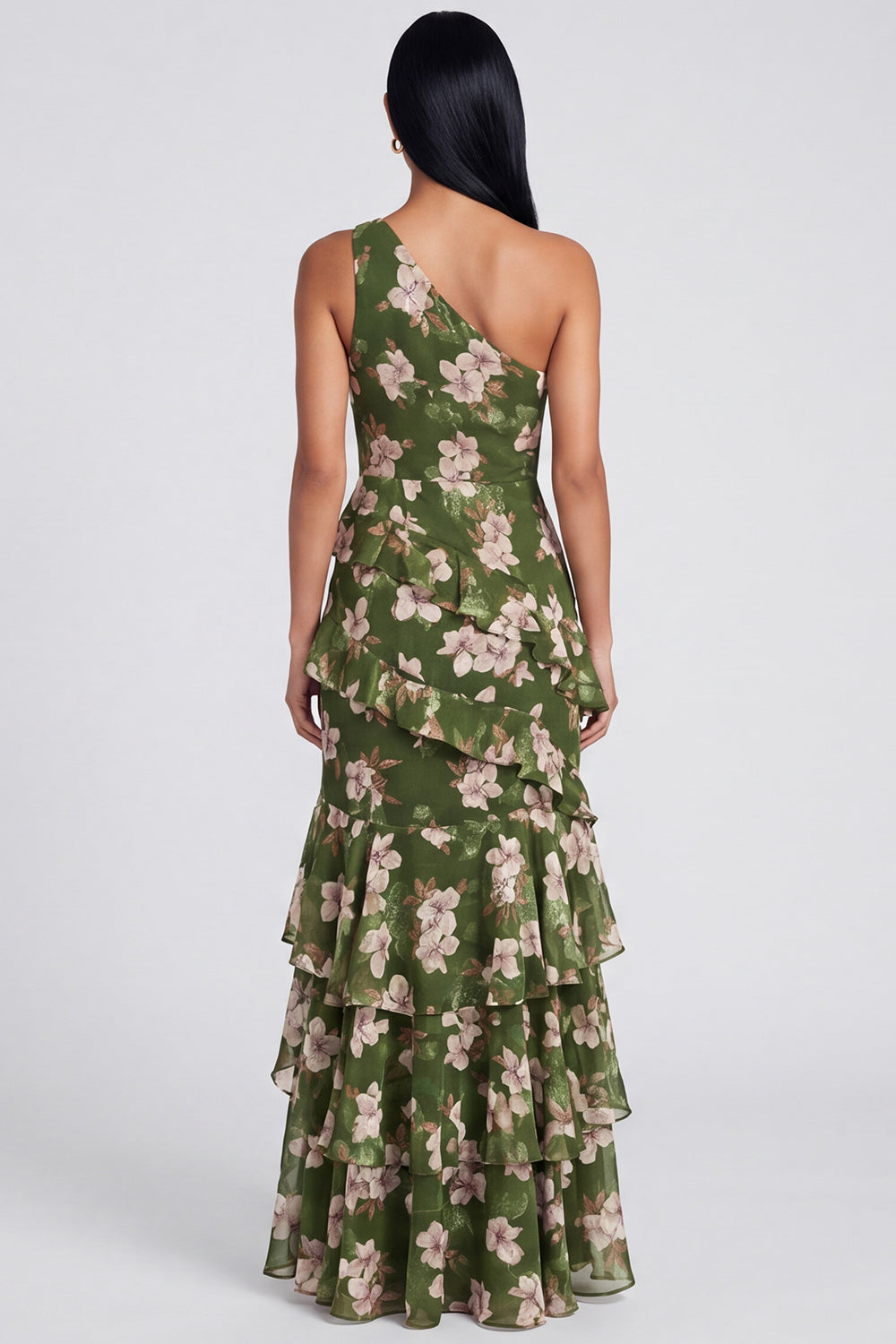Dark Green Floral One Shoulder Tiered A Line Long Wedding Guest Dress with Slit