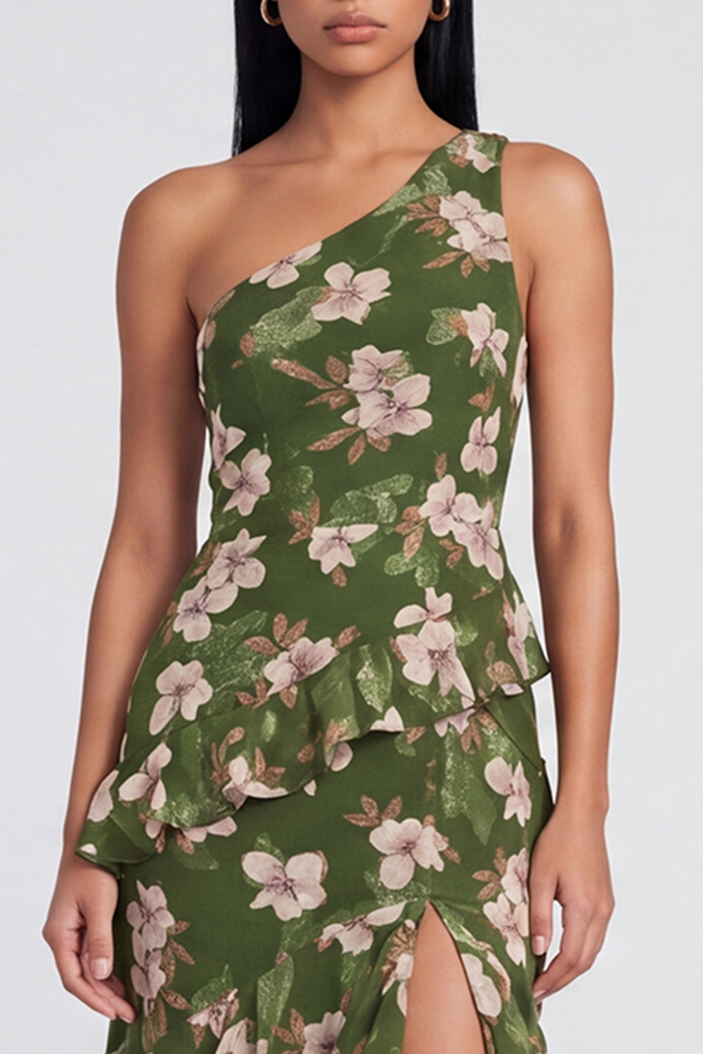 Dark Green Floral One Shoulder Tiered A Line Long Wedding Guest Dress with Slit