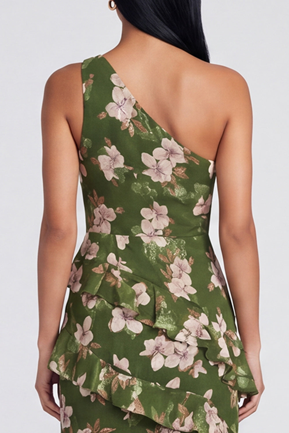 Dark Green Floral One Shoulder Tiered A Line Long Wedding Guest Dress with Slit