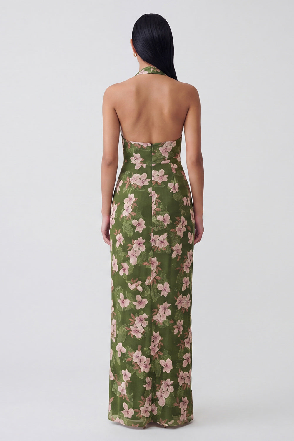 Dark Green Halter Floral Backless Long Sheath Wedding Guest Dress