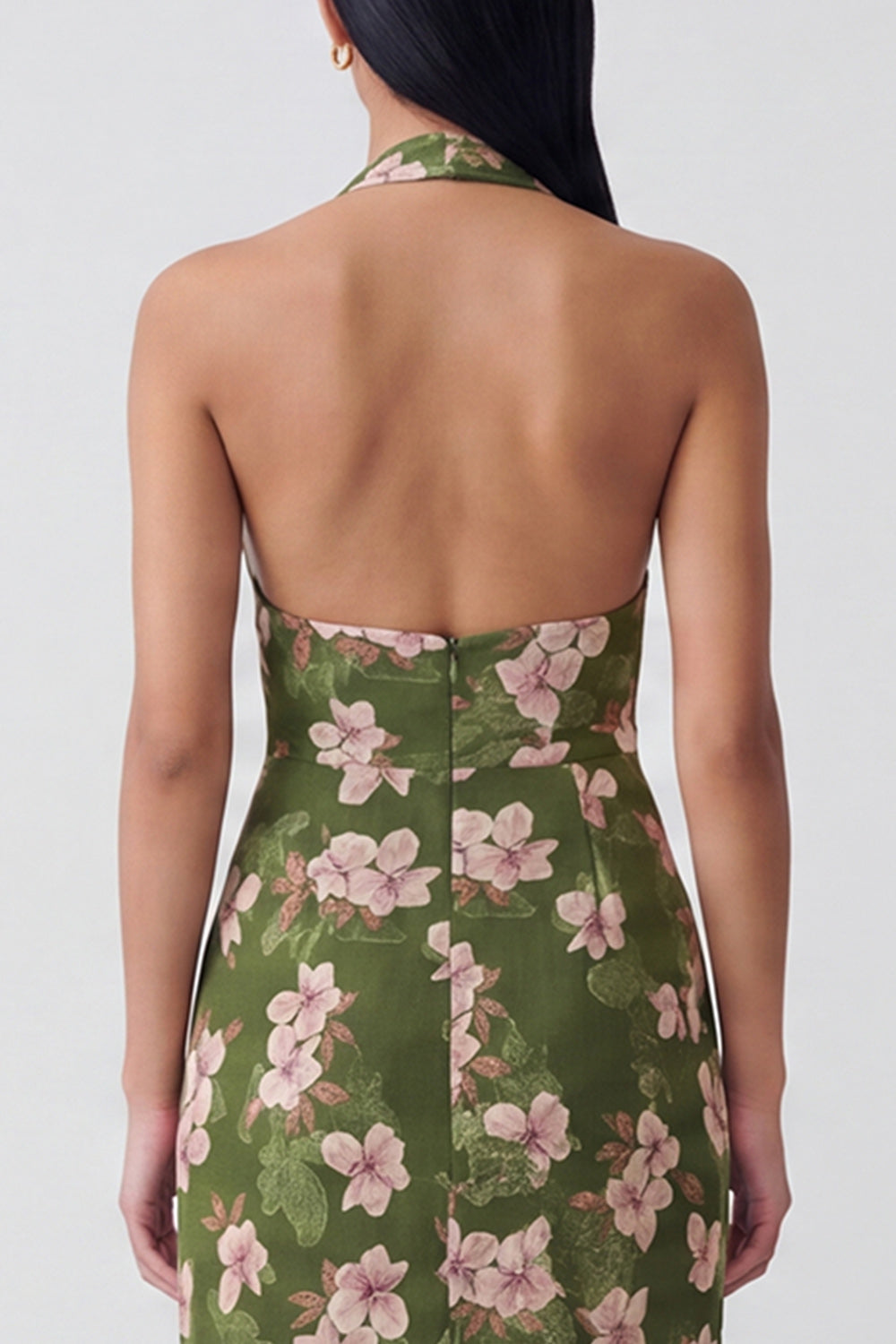 Dark Green Halter Floral Backless Long Sheath Wedding Guest Dress