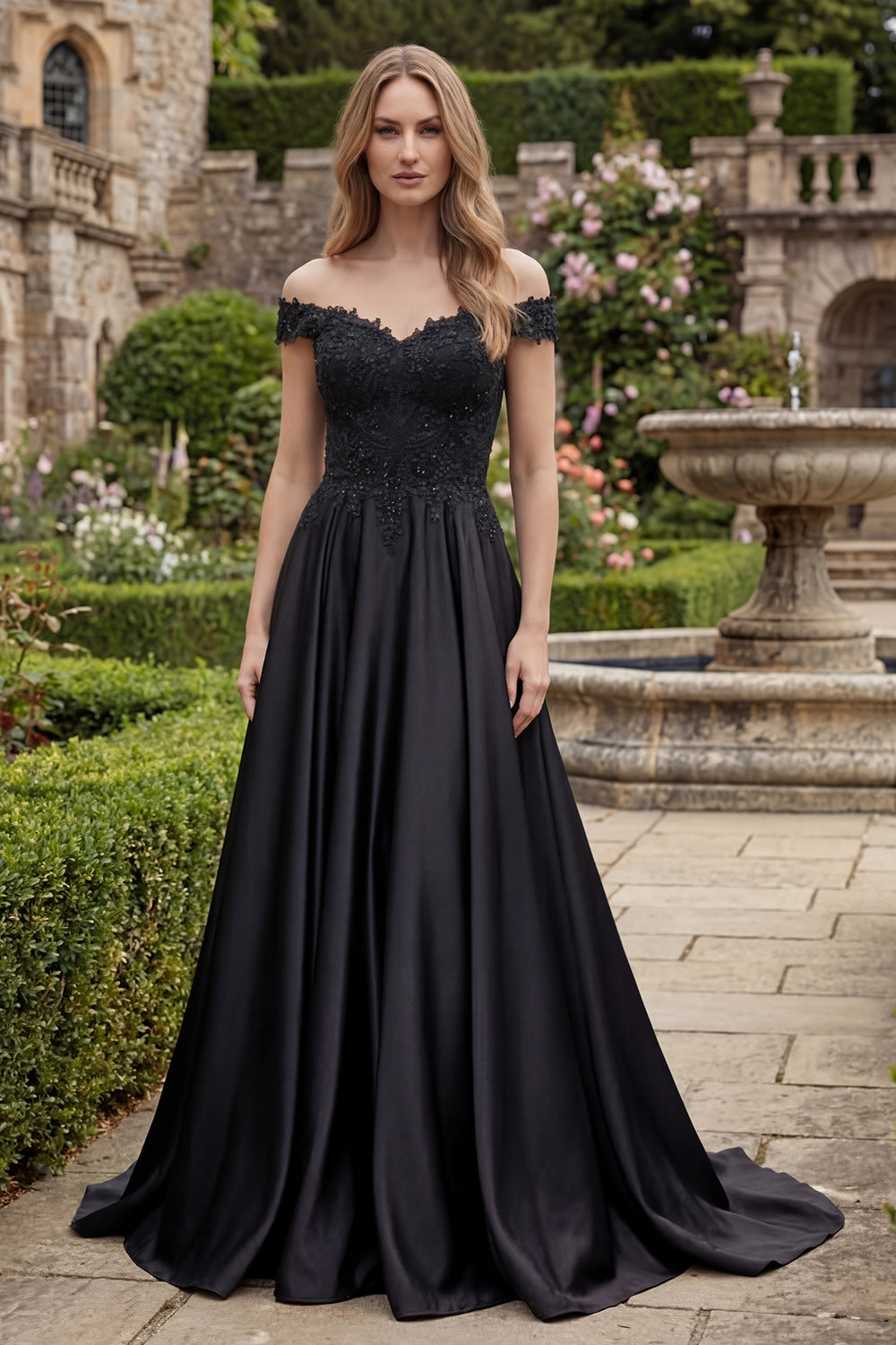 Black A Line Off the Shoulder Appliqued Long Evening Dress