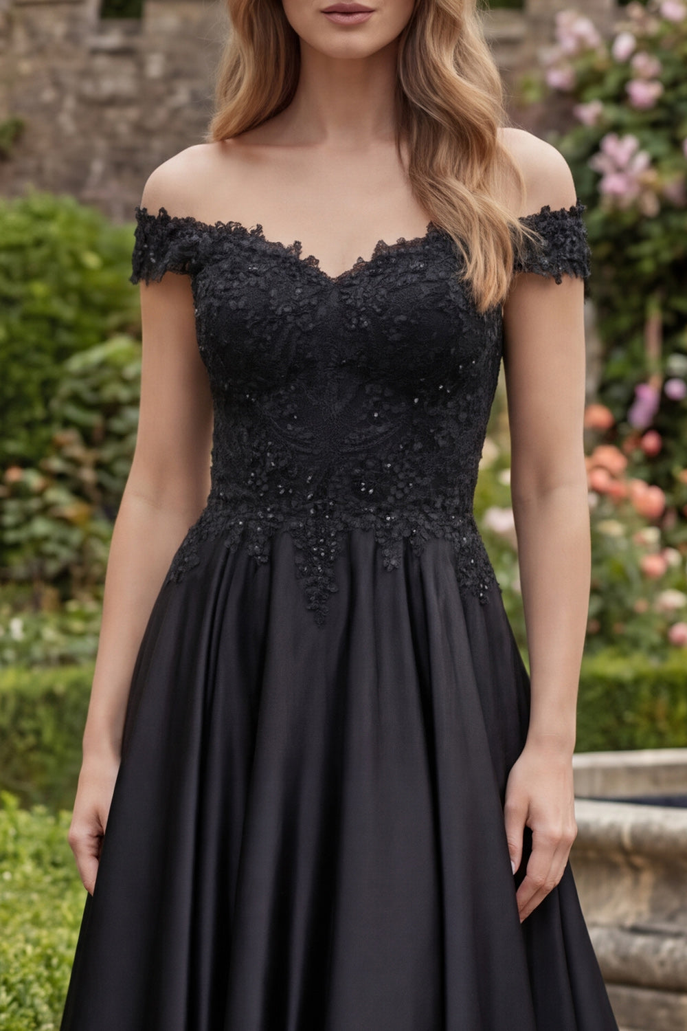 Black A Line Off the Shoulder Appliqued Long Evening Dress