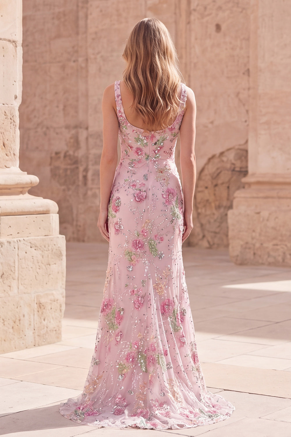 Sparkly Pink Floral Mermaid Square Neck Beaded Long Prom Dress