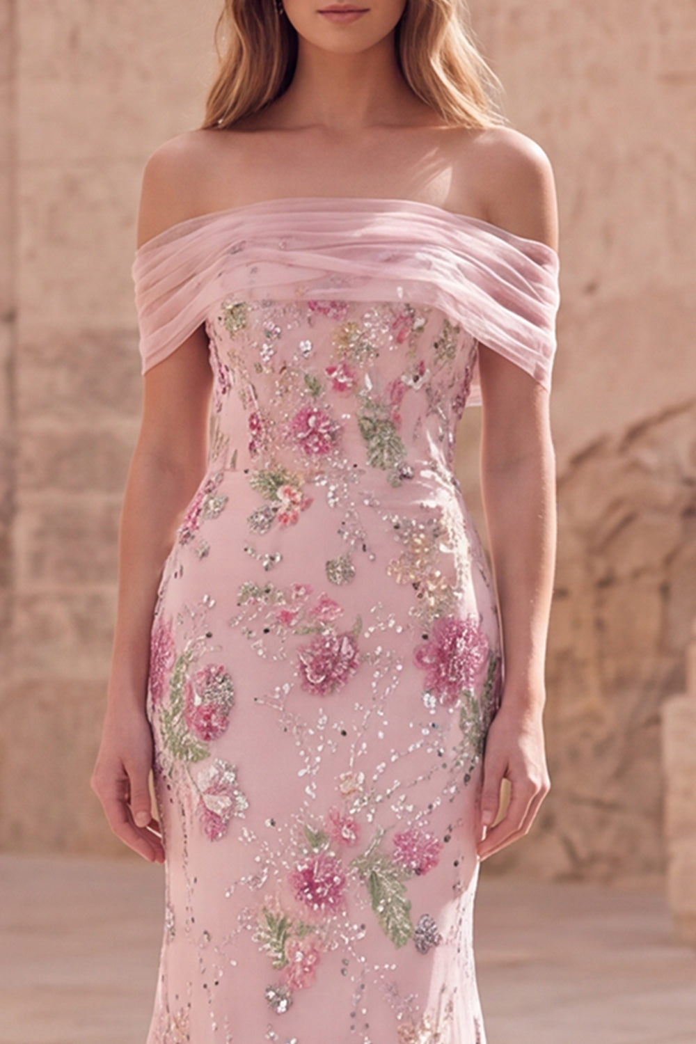 Sparkly Off the Shoulder Pink Floral Mermaid Long Formal Dress