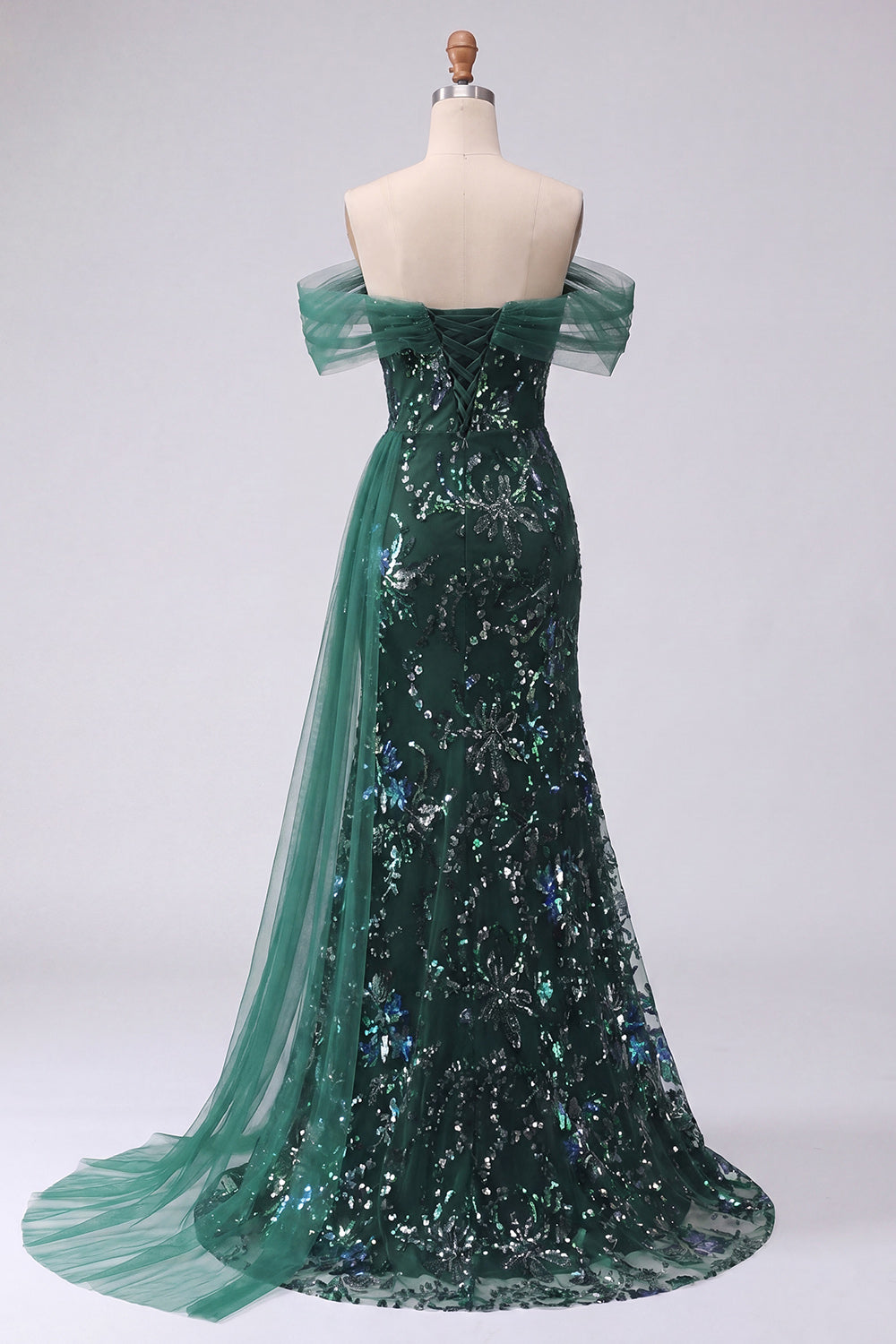 Mermaid Dark Green Sparkly Floral Ruched Long Evening Dress with Side Cape