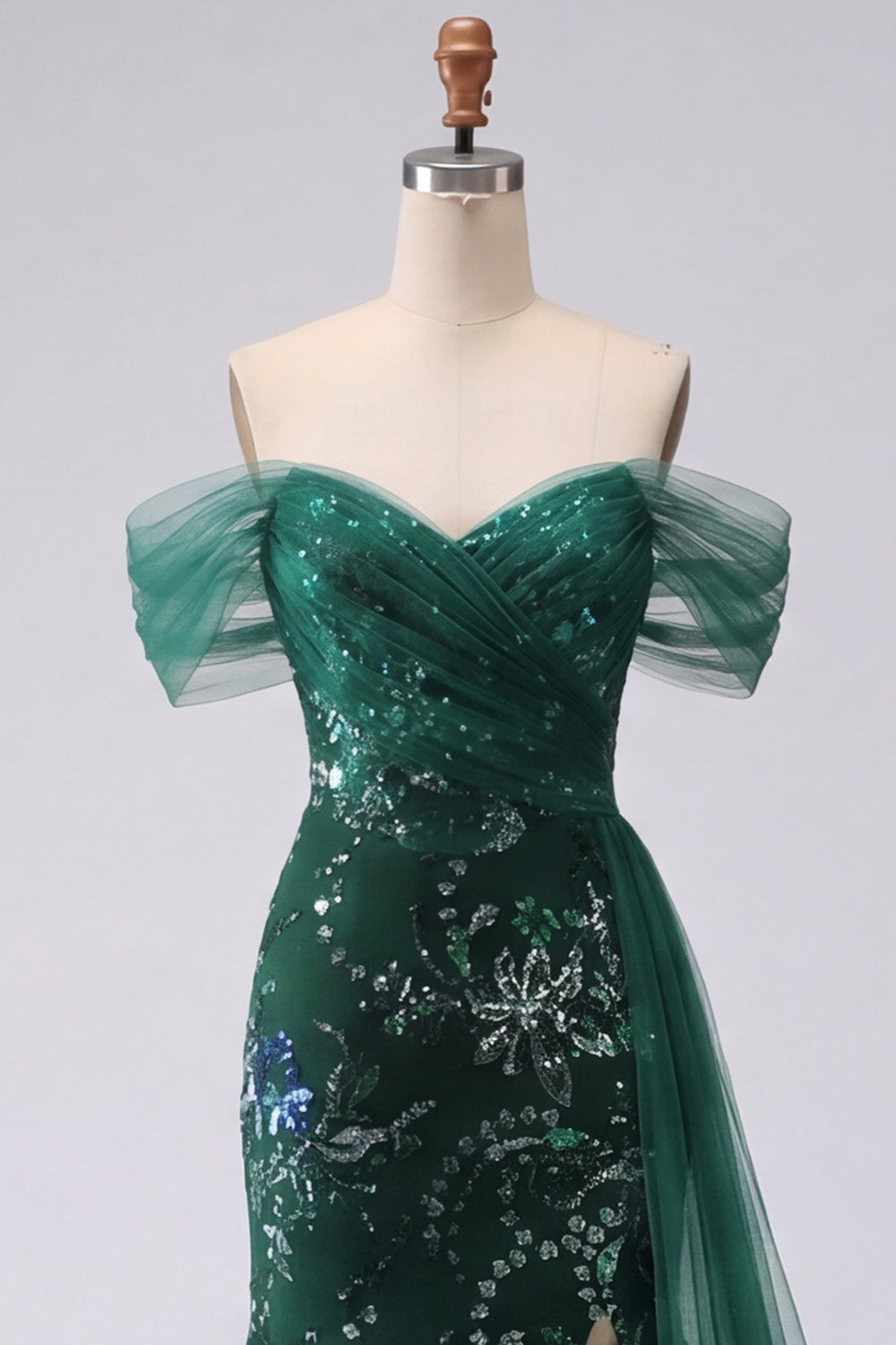 Mermaid Dark Green Sparkly Floral Ruched Long Evening Dress with Side Cape