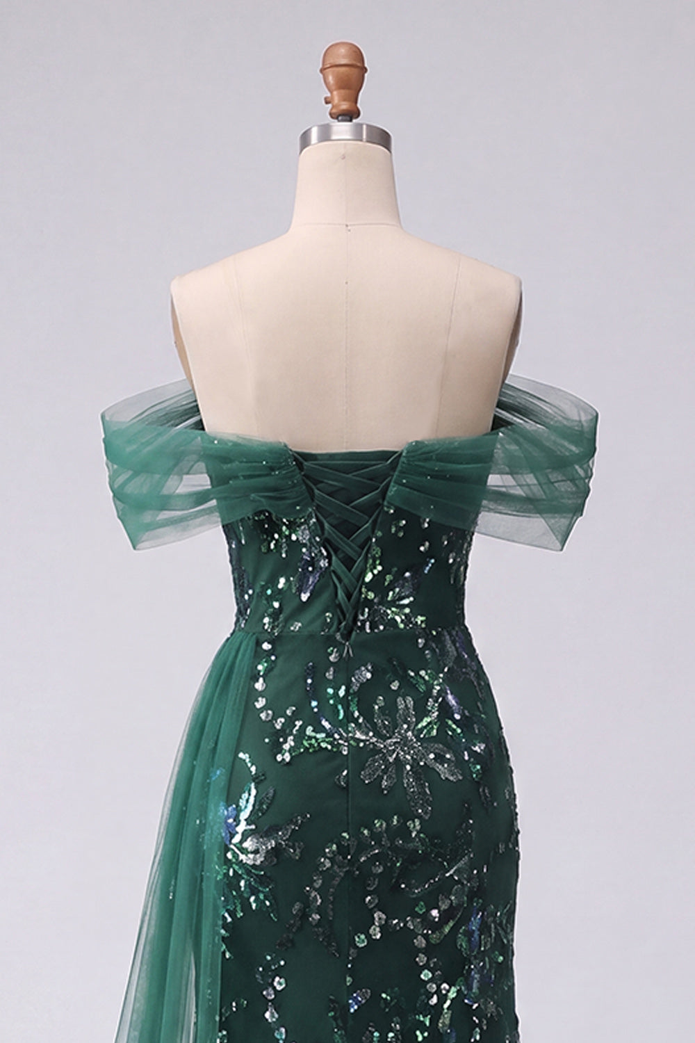 Mermaid Dark Green Sparkly Floral Ruched Long Evening Dress with Side Cape