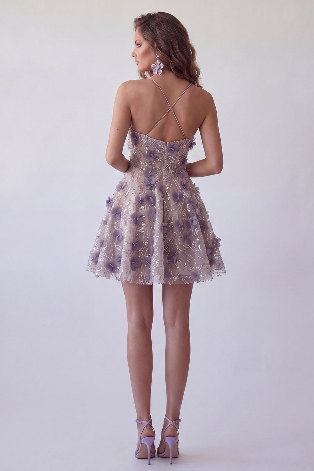 Purple Beaded Sparkly Halter A Line Mini Cocktail Dress with 3D Flowers