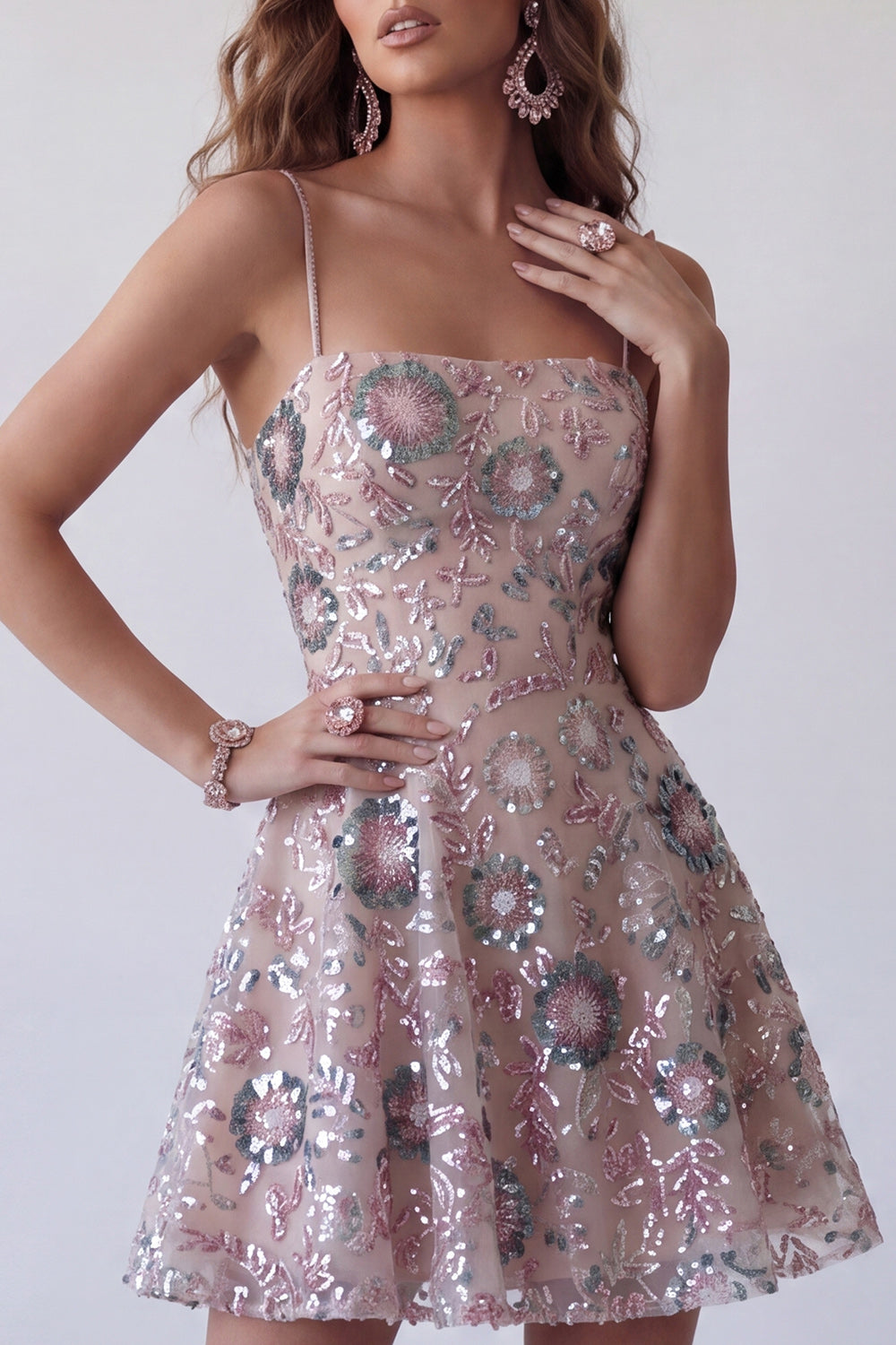Sparkly Blush Spaghetti Straps A Line Floral Short Cocktail Dress with Sequins