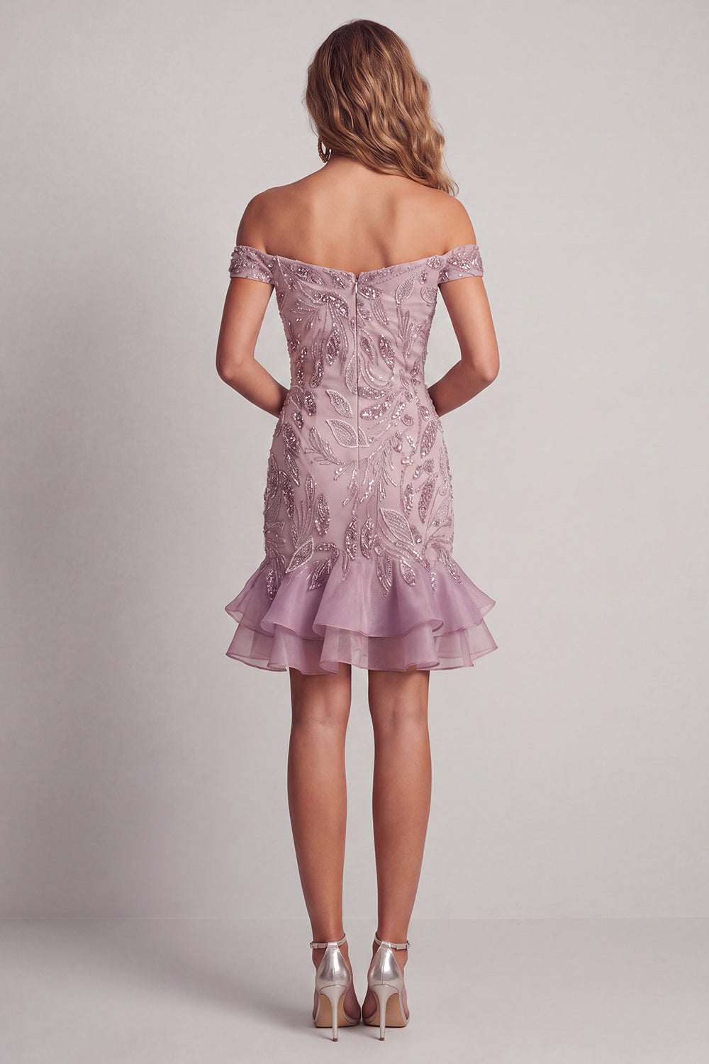 Lilac Off the Shoulder Sparkly Ruffled Short Cocktail Dress with Sequins