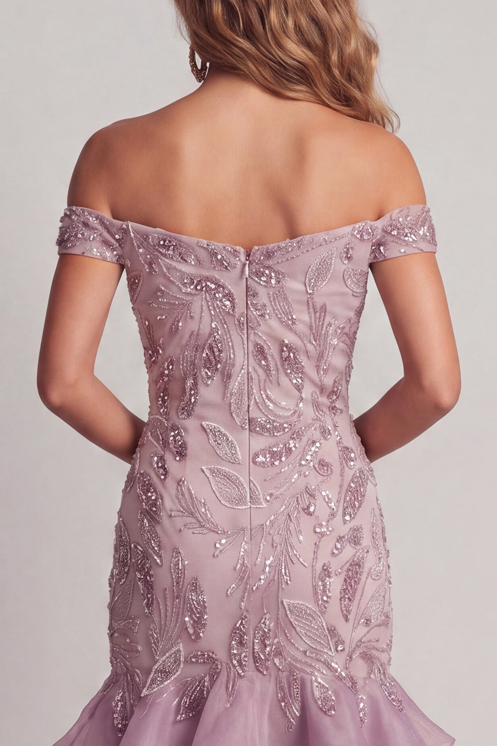 Lilac Off the Shoulder Sparkly Ruffled Short Cocktail Dress with Sequins