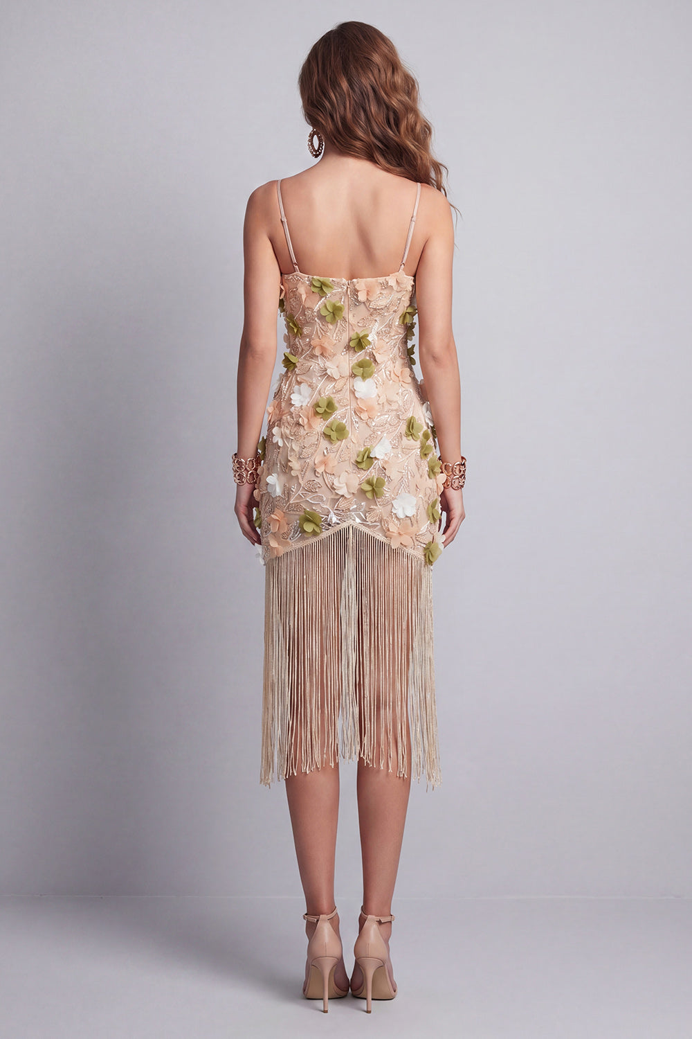 Apricot Floral Beaded Sparkly Short Cocktail Dress with Fringes