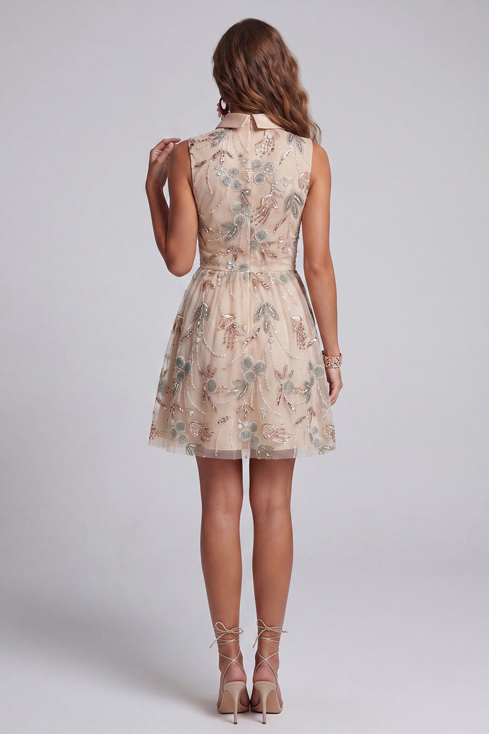 Champagne A Line Keyhole Sparkly Beaded Mini Cocktail Dress with Bow