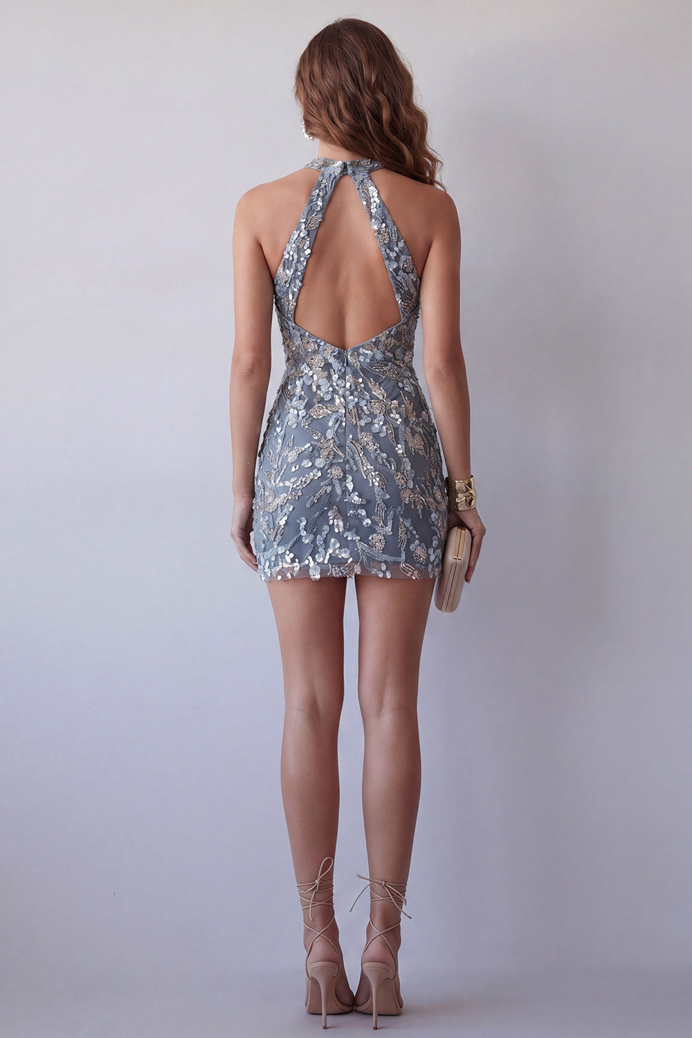 Grey Blue Tight Sparkly Beaded Halter Short Cocktail Dress with Keyhole