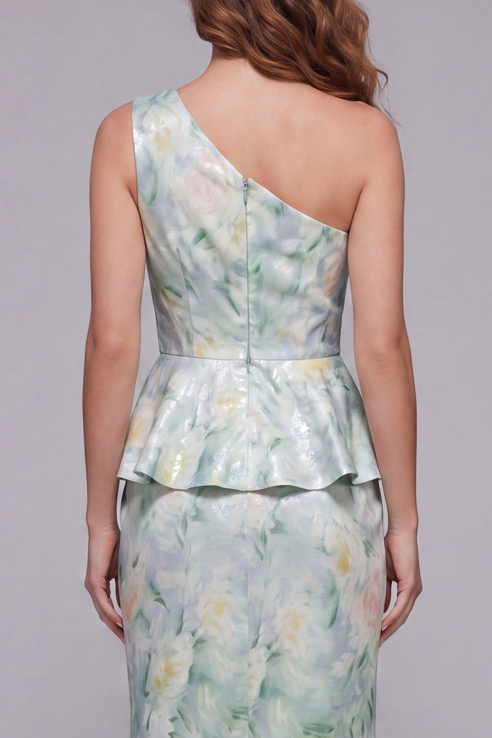 Light Green Floral One Shoulder Mermaid Long Wedding Guest Dress with Ruffles
