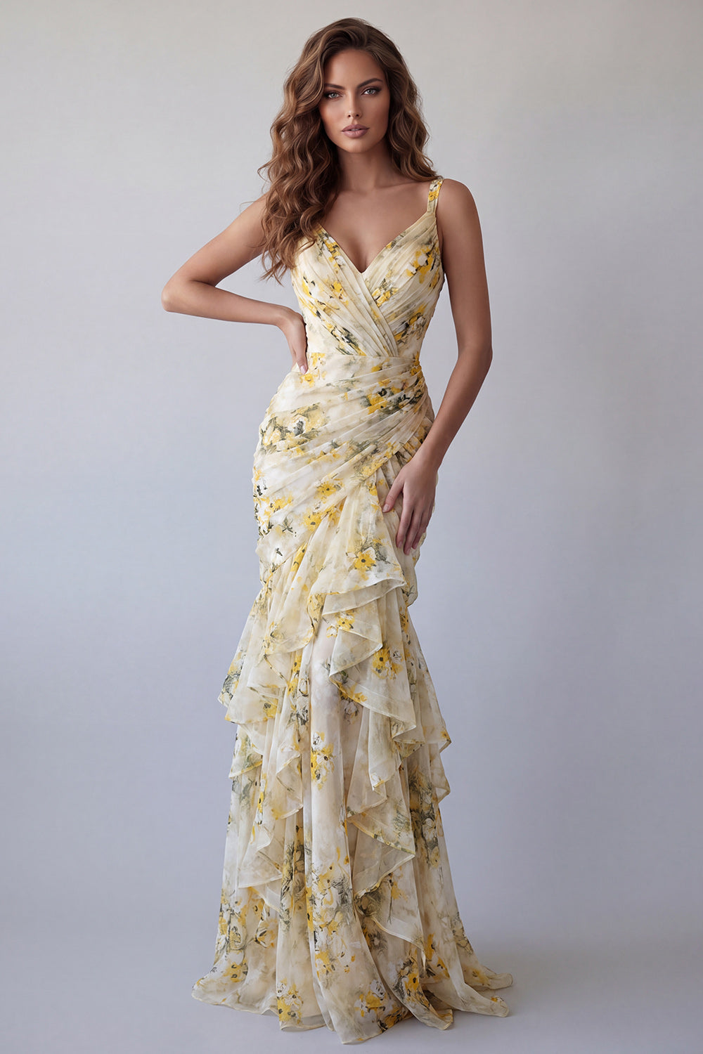 Light Yellow V-Neck Floral Mermaid Ruched Long Wedding Guest Dress with Ruffles