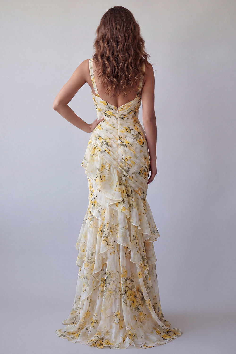 Light Yellow V-Neck Floral Mermaid Ruched Long Wedding Guest Dress with Ruffles