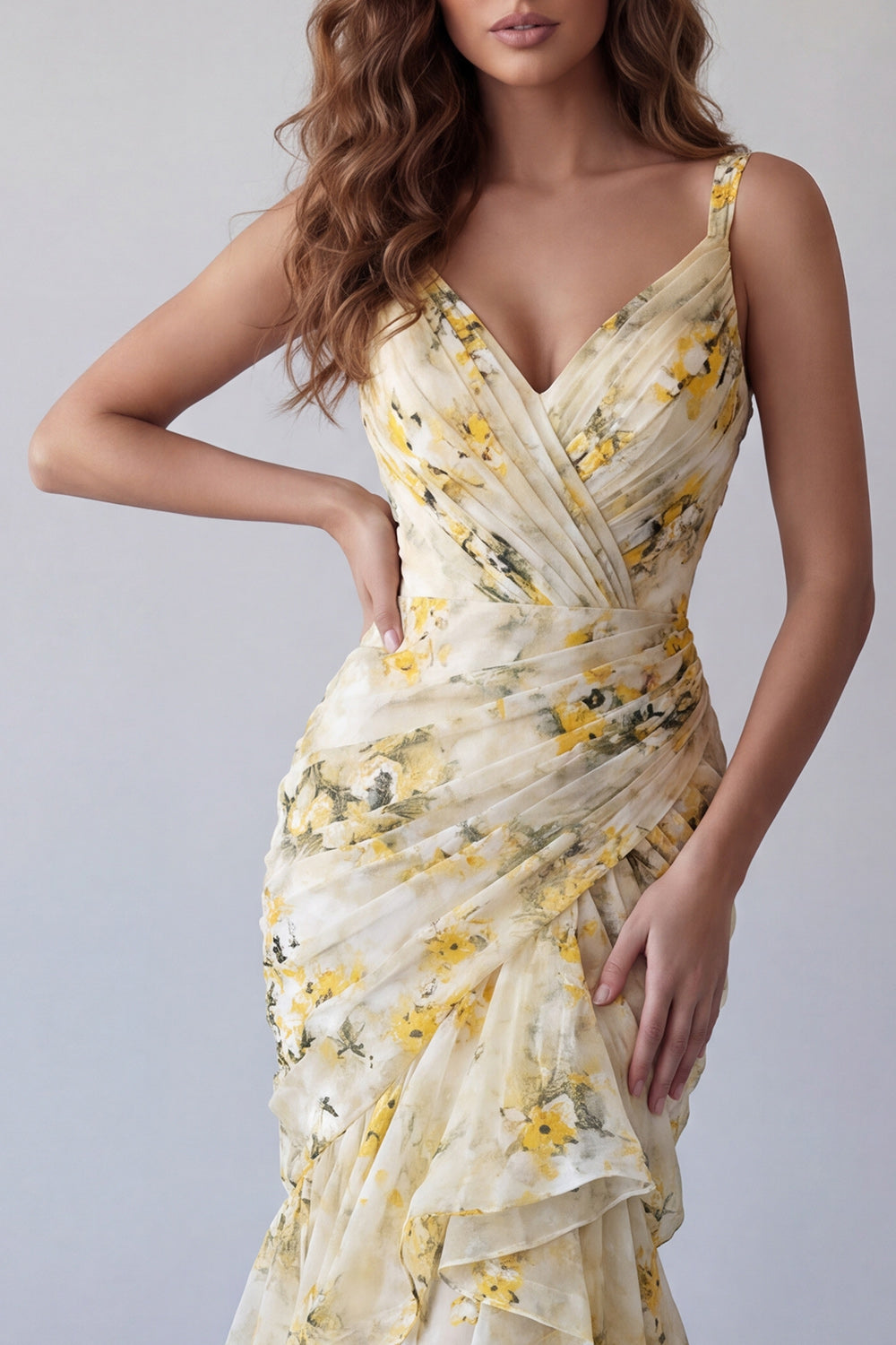 Light Yellow V-Neck Floral Mermaid Ruched Long Wedding Guest Dress with Ruffles