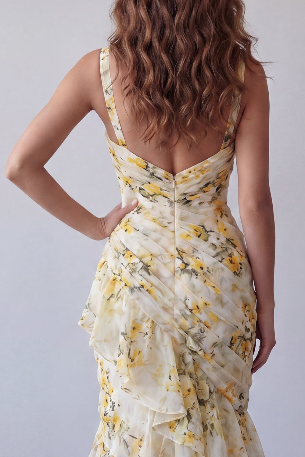 Light Yellow V-Neck Floral Mermaid Ruched Long Wedding Guest Dress with Ruffles