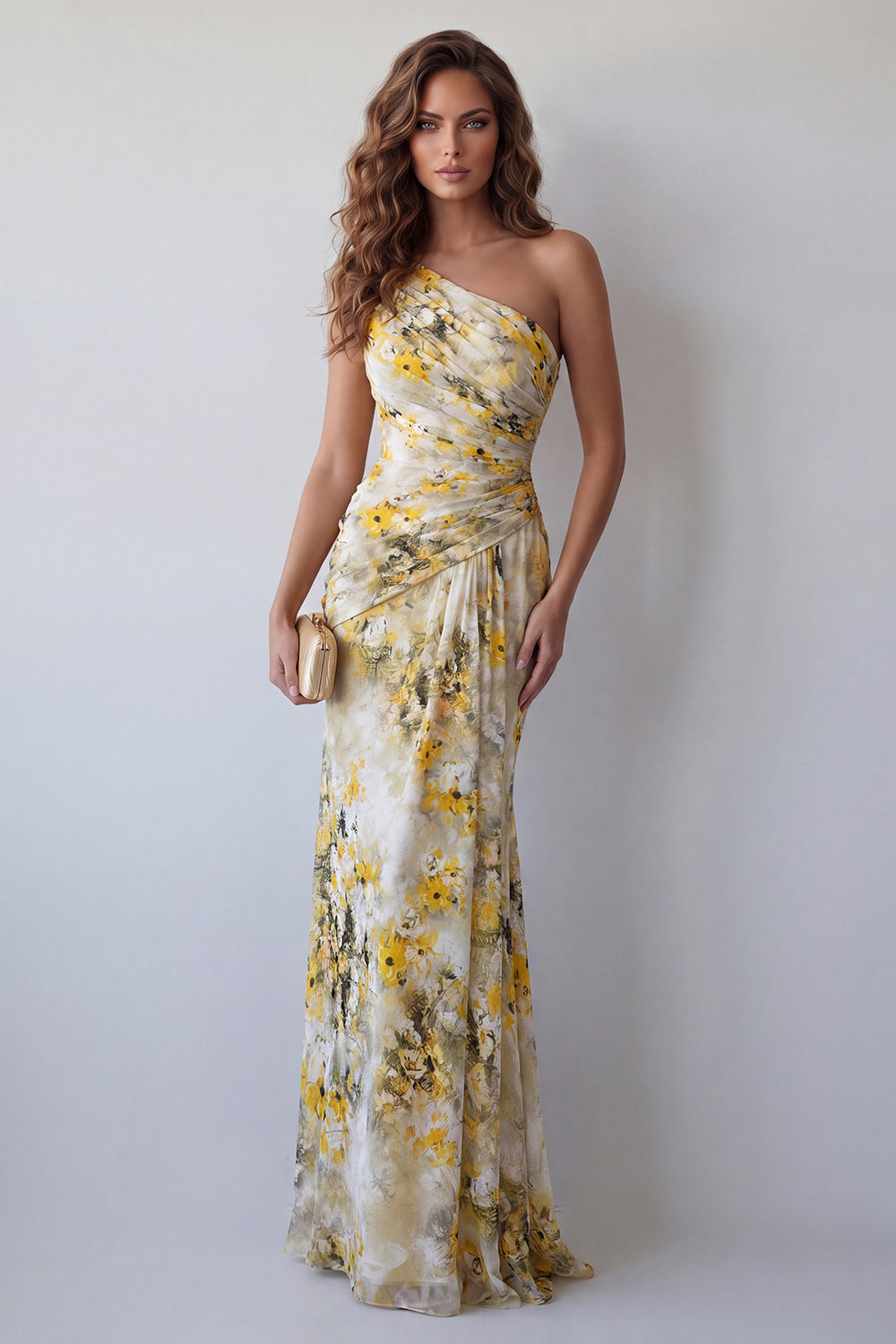 Light Yellow Mermaid One Shoulder Ruched Floral Long Wedding Guest Dress