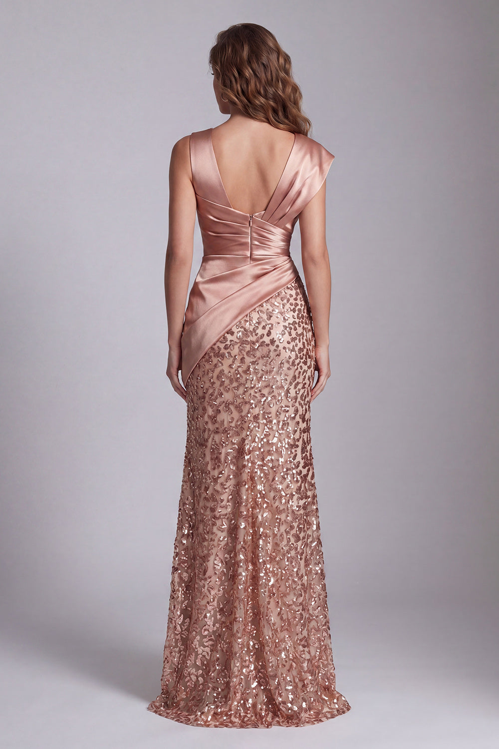 Mermaid Sparkly Champagne Beaded Ruched Long Evening Dress with Slit