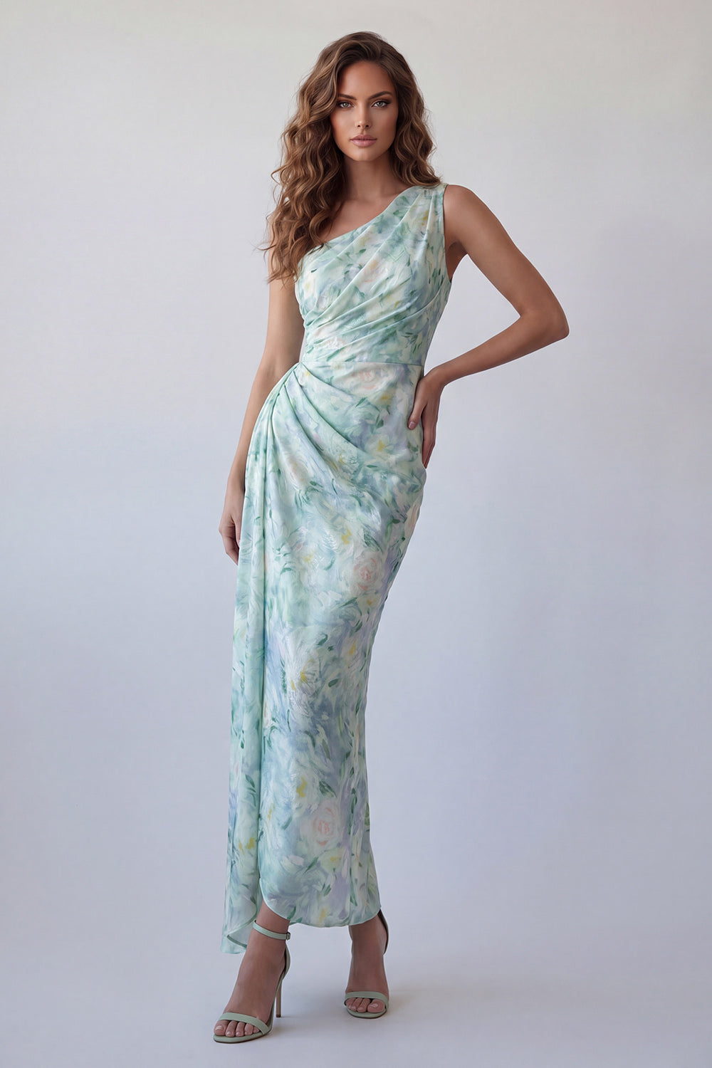 Light Green Floral One Shoulder Sheath Ruched Long Wedding Guest Dress