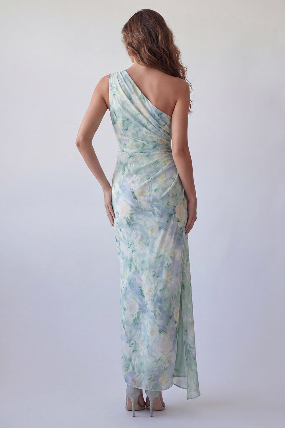 Light Green Floral One Shoulder Sheath Ruched Long Wedding Guest Dress