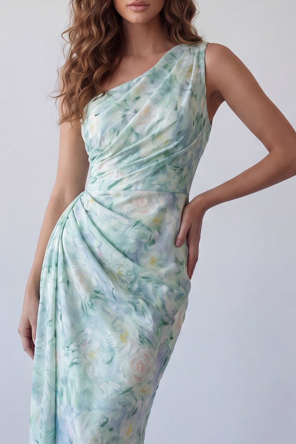 Light Green Floral One Shoulder Sheath Ruched Long Wedding Guest Dress