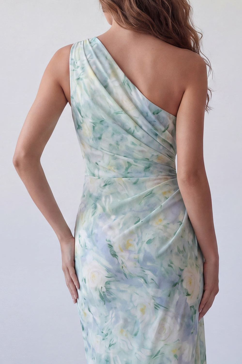 Light Green Floral One Shoulder Sheath Ruched Long Wedding Guest Dress