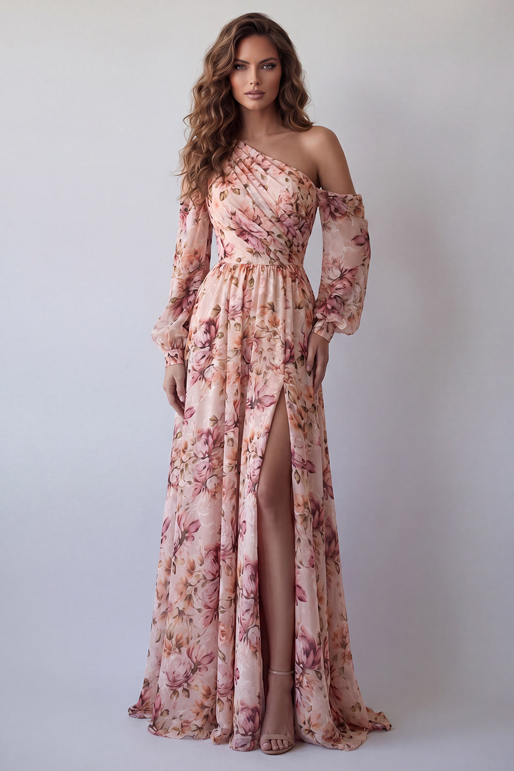 Pink Floral Ruched One Shoulder A Line Long Sleeves Wedding Guest Dress with Slit